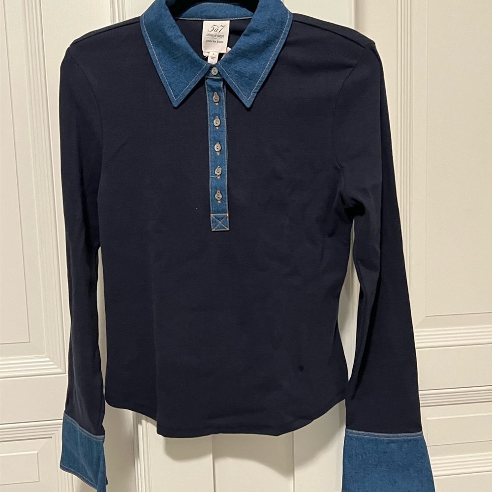 Cinq à Sept Navy and Blue Button Down Shirt